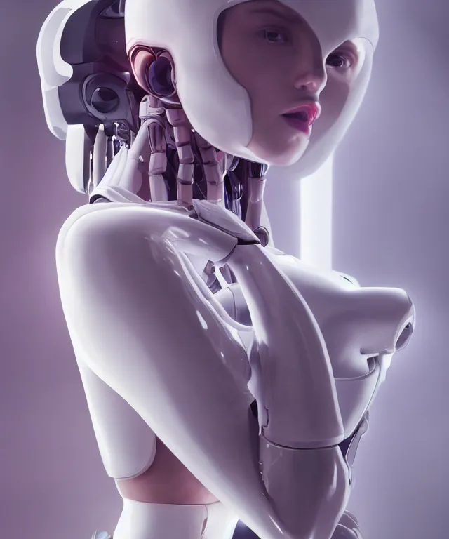 Prompt: white one cast futuristic biomechanics futuristic humanoid, beautiful face, female, futuristic, neon lights, cyberpunk, 8 k, digital painting, by beeple and makoto shinkai, trending on cg society, glamour pose, fashion photography, high fashion, canon r 3, photorealistic, hyper realistic, full body, wide angle shot