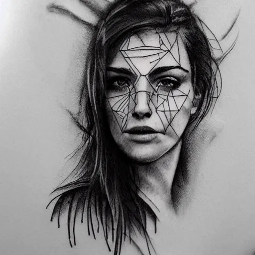 Prompt: realistic tattoo sketch of kate kuray face double exposure with a mountain scenery, in the style of matteo pasqualin, amazing detail, sharp
