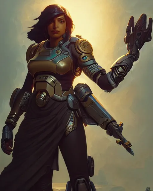 Image similar to pharah from overwatch, character portrait, concept art, intricate details, highly detailed by greg rutkowski, michael whelan and gustave dore