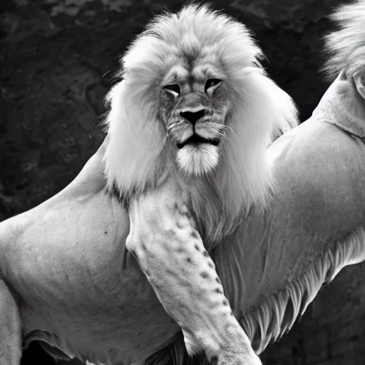 Image similar to old man ( long white beard and a hood ) riding on lions back