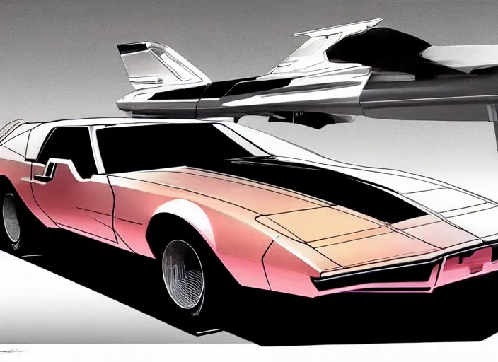 Prompt: syd mead concept art. kitt 1 9 8 2 pontiac trans am. style blade runner 2 0 4 9, retro, retro futurist. concept art by syd mead