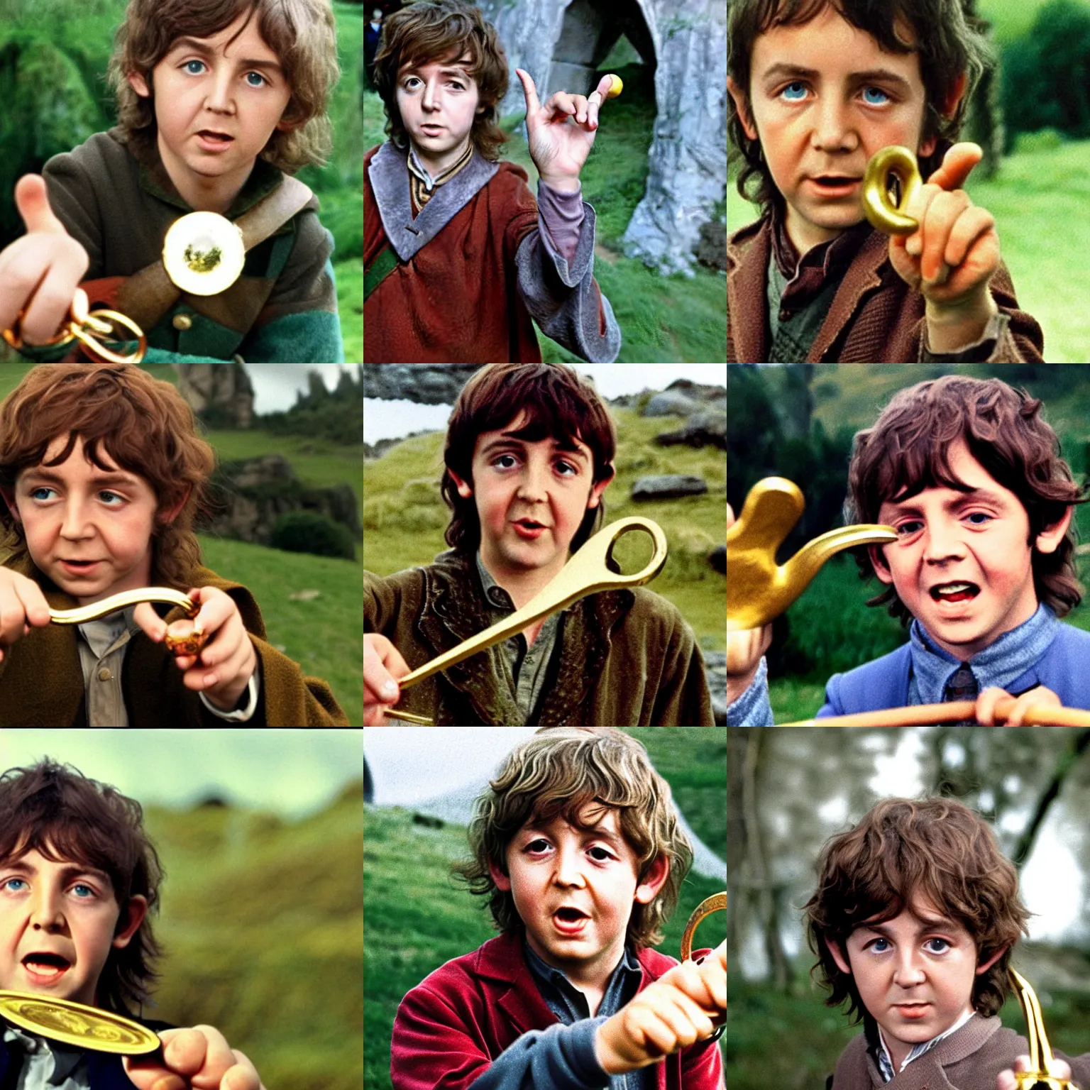 Prompt: a full color still of young Paul McCartney as a hobbit holding a golden ring in The Lord of the Rings, 1967