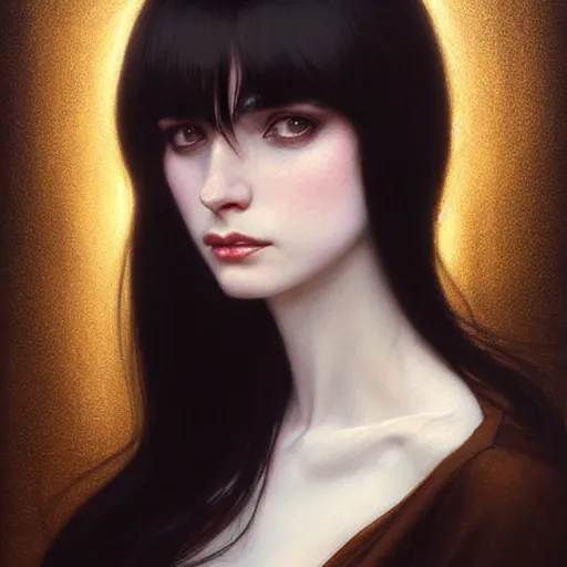 Image similar to portrait of a beautiful pale skin female with long black hair, dark brown eyes, elegant clothing, photorealistic, highly detailed, artstation, smooth, sharp focus, neon lighting, sci - fi, art by klimt, artgerm, greg rutkowski and alphonse mucha