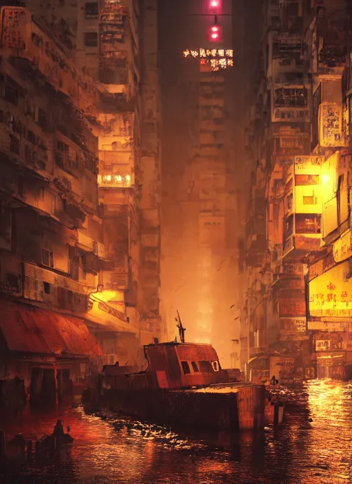 Image similar to dramatic Photorealistic, Matte Painting of a tug boat with bright head lights exploring a busy post apocalyptic deep flooded Hong Kong city street at night,dark Tall buildings by Greg Rutkowski,Craig Mullins,Hyperrealism,Beautiful dramatic moody lighting,Cinematic Atmosphere,volumetric,Octane Rendering,8K