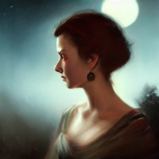 Image similar to closeup portrait of a young vivian leigh, dramatic lighting, city background, night, moon, chiaroscuro, high detail, painted by greg rutkowski, painted by igor kieryluk, painted by bobby chiu, trending on artstation