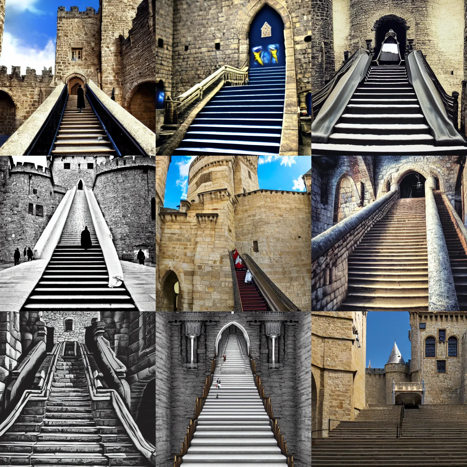 Prompt: Wide high angle view of a medieval king in regal robes coming down a small, low-budget rubber escalator (moving staircase) to the castle courtyard, late morning, blue sky, fluffy white clouds, anachronistic fantasy, digital art, trending on artstation, 4k