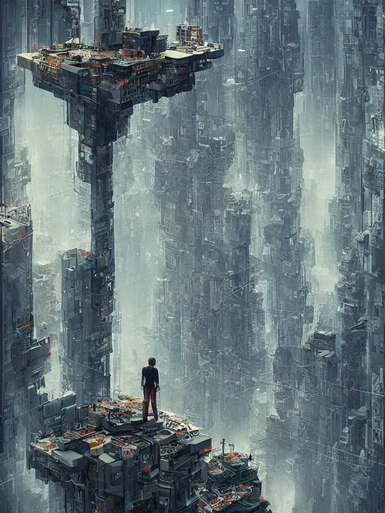 Image similar to a curly - haired persian guy standing on top of a building over a city, cyberpunk art by vincent lefevre, behance contest winner