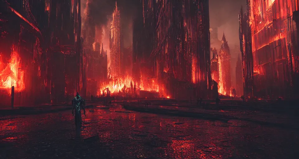 Prompt: a cyberpunk medieval gothic dark-ages city, rich contrast, fivr lava-twisters, feeling of grimdark and gothic horror, explosions and fire, hyperrealistic, octane render, unreal engine, Cryengine 8k UHD