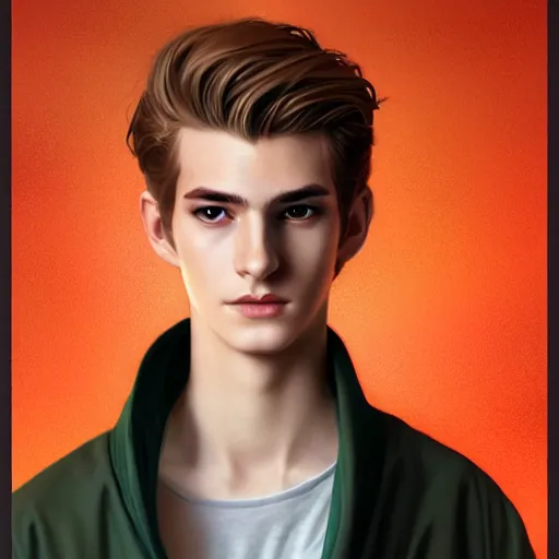 Image similar to colorful Captivating teenage boy with brown blond very short quiff hair and facial structure like andrew garfield, brown eyes with red eye markers, slim body, wearing a detailed Japanese kimono with golden details, atmospheric lighting, painted, intricate, 4k, highly detailed by Charlie Bowater