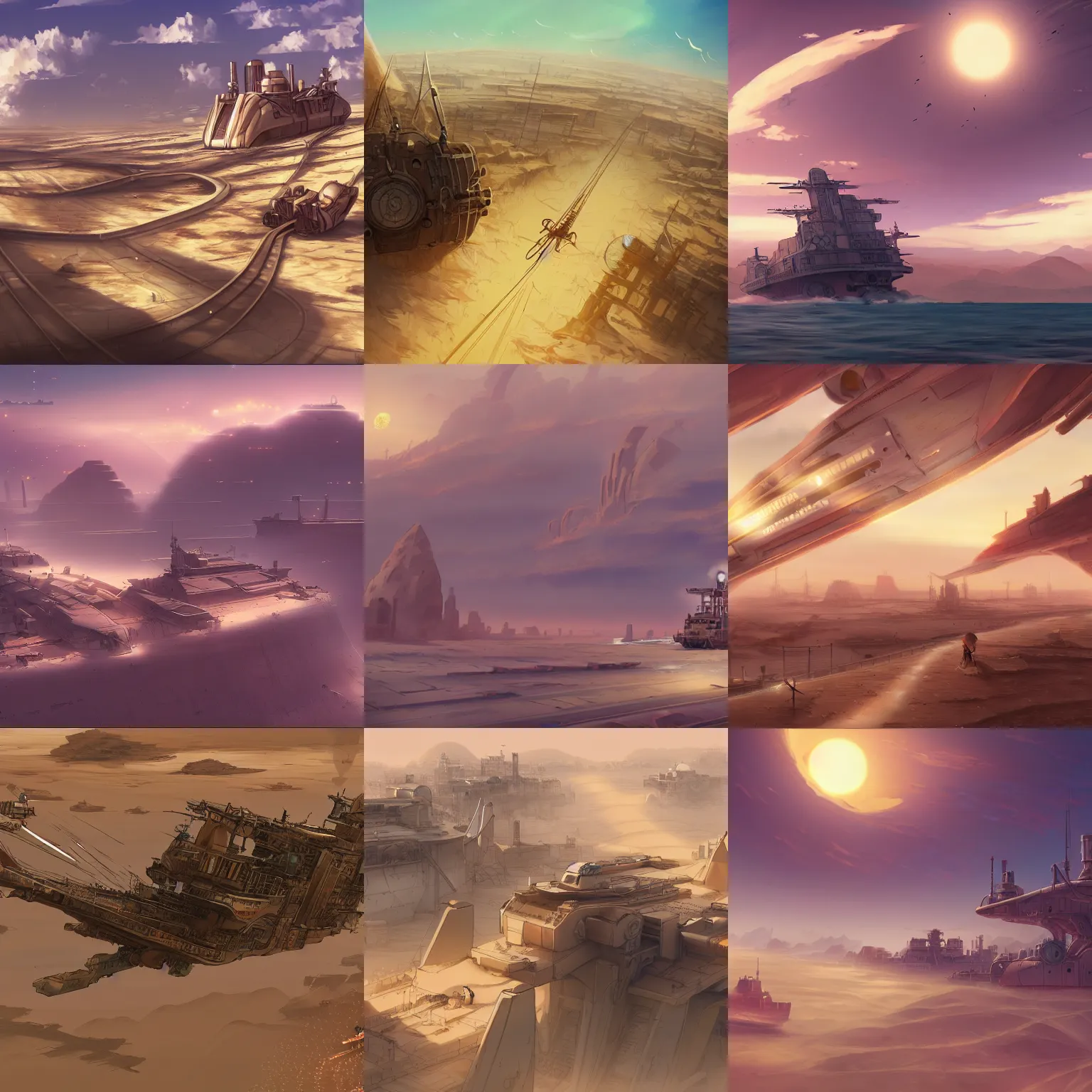 Prompt: Moving Ship-City breezing through the desert sea, desert sandy landscape, steampunk, Makoto Shinkai, anime, trending on ArtStation, digital art