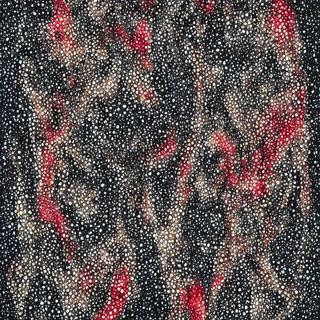 Image similar to camo made of teeth, smiling, abstract, francis bacon artwork, cryptic, dots, spots, stipple, lines, splotch, color tearing, pitch bending, faceless people, dark, ominous, eerie, hearts, minimal, points, technical, old painting, neon colors, folds