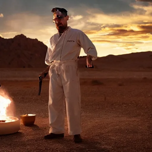 Image similar to walter white making pizza!!! margherita! with a blowtorch!! in the desert, dramatic lighting, movie poster