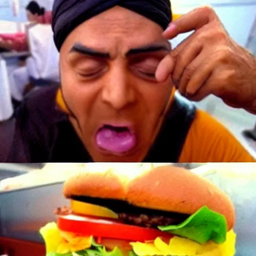 Image similar to sikh eating burger, still from dragonballz style