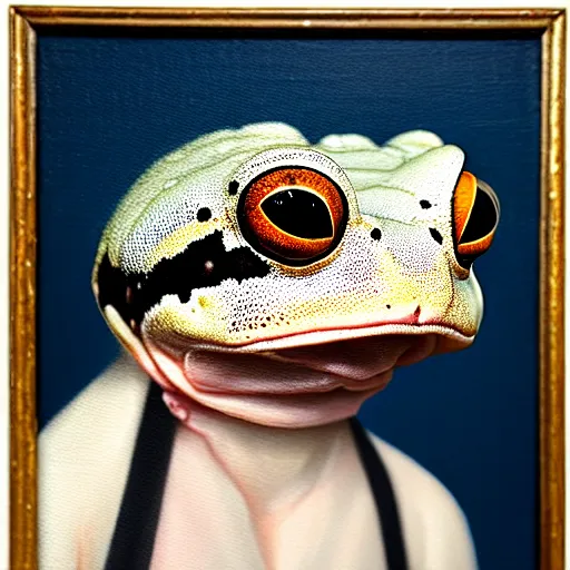 Image similar to a head and shoulders portrait painting of an anthropomorphic!!!!!!!!!! amazon milk frog!!!!!!!!!! wearing a colonial!!!!!!!!!! outfit without a hat looking off camera, a character portrait, romanticism, oil on canvas, visible brushstrokes, intense colors