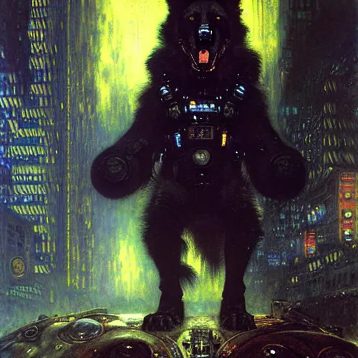 Prompt: portrait black german shepard dogman humanoid bipedal canine neuromancer. spaceship futuristic city. shadowrun cyberpunk fantasy d & d painting by gaston bussiere craig mullins jc leyendecker gustav klimt artgerm greg rutkowski john berkey, bergey, craig mullins, ruan jia, raymond swanland, tom lovell