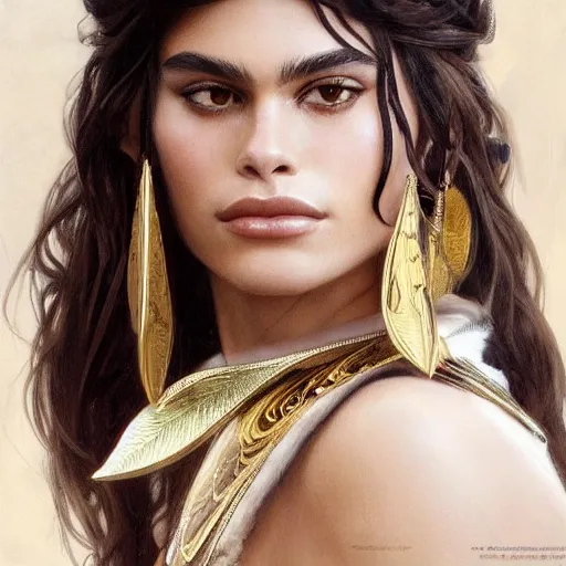 Prompt: Kaia Gerber as Cleopatra, intricate, elegant, highly detailed, digital painting, artstation, concept art, smooth, sharp focus, illustration, art by artgerm and greg rutkowski and alphonse mucha