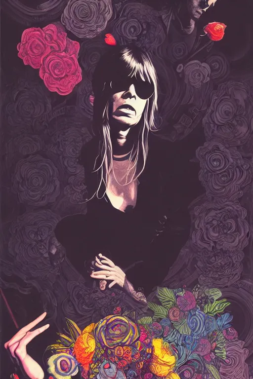 Image similar to the velvet underground and nico playing live on stage at a night club, unusual perspective with nico in the center, beautiful stage decoration with flowers in the background, painting by james jean, very detailed and colorful and toned down and ornamental and moody and cool and relaxed and high on drugs, trending on artstation, behance contest winner