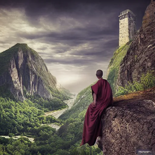 Prompt: a huge war monk sitting on a giant cliff, beautiful scenery, digital masterpiece