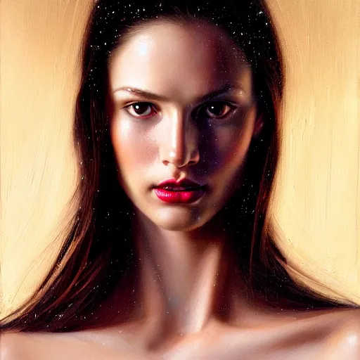 Prompt: Facial portrait of a gorgeous girl, looking away from the camera, seductive smile, sparkle in eyes, lips slightly parted, long flowing hair, no hands visible, delicate, teasing, arrogant, defiant, bored, mysterious, intricate, extremely detailed painting by Mark Brooks (and by Greg Rutkowski), visible brushstrokes, thick paint visible, vibrant colors, studio lighting