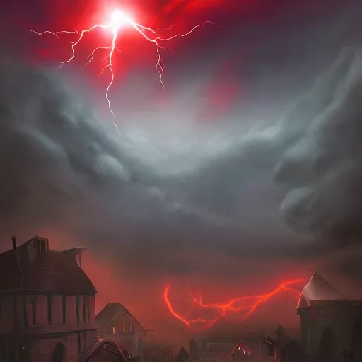 Prompt: A town floating in the astral dimension. Strange cthonic being approach under an ominous storm cloud. Dramatic red lighting. Flee, fools, from what thy knowledge wrought. Detailed digital painting. Cover art.