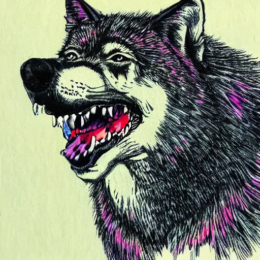 Image similar to portrait of retarded wolf, retard, rabies propaganda style, vivid colors, detailed