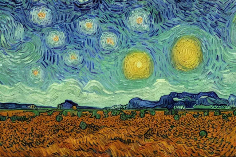 Image similar to landscape of dividing cell bodies towering up to heaven with dramatic lighting, 4K, oil painting by Van Gogh