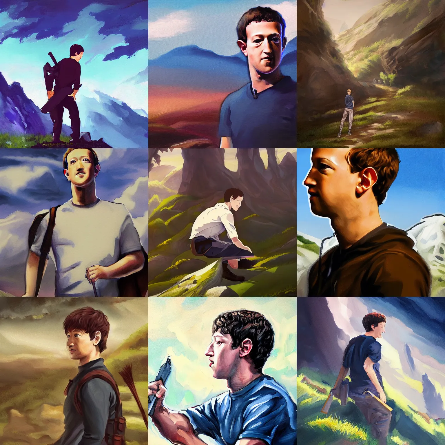 Prompt: a painting of mark zuckerberg in the style of grimgar, beautiful landscape
