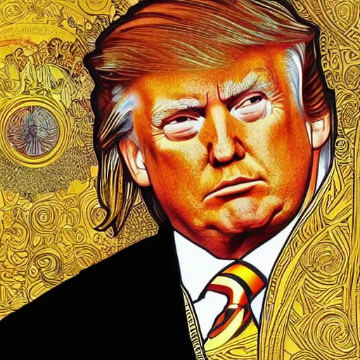 Image similar to detailed art of Donald Trump , by Alphonse Mucha and Gustav Klimt