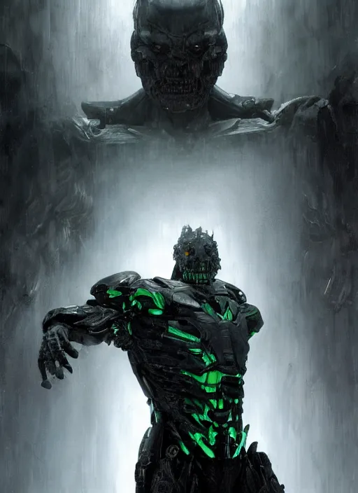 Image similar to willem dafoe as victor stone, full body concept, cyborg, borg, strogg, face of a man, terminator, flesh, quake strogg, doom demon, wolfenstein, monstrous, symmetry, symmetrical, concept art by ruan jia and greg rutkowski