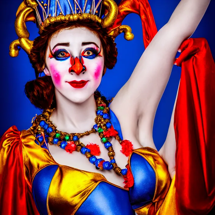 Image similar to full body photo of a real - life beautiful female jester queen, 8 k, hdr, smooth, sharp focus, high resolution, award - winning photo