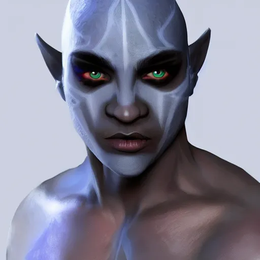 Image similar to intense male drow warrior knight, patchy vitiligo skin, realistic artstation render