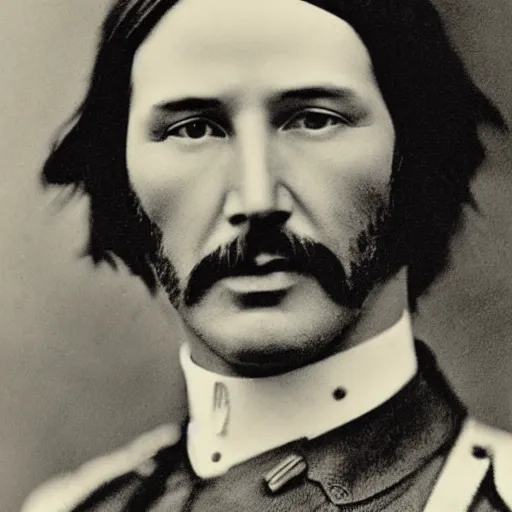 Image similar to headshot edwardian photograph of keanu reeves as a union general in the us civil war, 1 9 2 0 s, realistic face, 1 9 1 0 s, grainy, victorian, detailed, soft blur