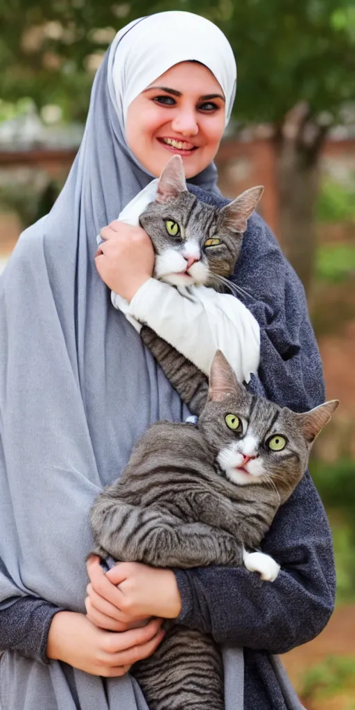 Prompt: white muslim girl in a gray hijab smiling intensely, intensely smiling, holding a grey cat in her arms. the cat is falling out and screaming.