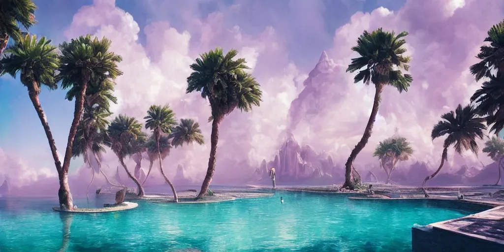 Prompt: artgem and greg rutkowski masterpiece, hyperrealistic surrealism, award winning masterpiece with incredible details, epic stunning, infinity pool, a surreal vaporwave liminal space, highly detailed, trending on ArtStation, calming, meditative, pink arches, palm trees, very vaporwave, very very surreal, sharp details, dreamscape, gigantic alien mirror structure