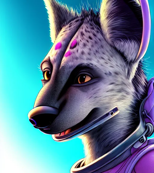 Image similar to digital detailed portrait of anthromorphic female hyena, in style of zootopia, fursona, furry, furaffinity, 4 k, deviantart, wearing astronaut outfit, in style of disney zootopia, floating in space, space background, in deep space, dark background, hyena fursona, cyberpunk, female, detailed face, style of artgerm,