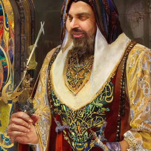 Image similar to charming tailor of middle - eastern descent, dressed in fine colorful robes and jewelry over fantasy armor, goatee, smirking, holding a magic needle, fantasy art by barret frymire by artem priakhin, art by artgerm and greg rutkowski and alphonse mucha, artstation, matte, illustration, intricate, highly - detailed high resolution