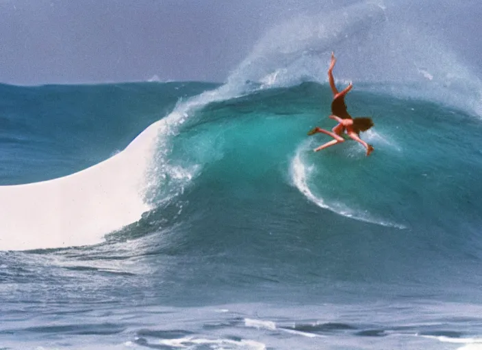 Image similar to color photo of a shark fin in the water beside a surfergirl riding a big wave in the 8 0's