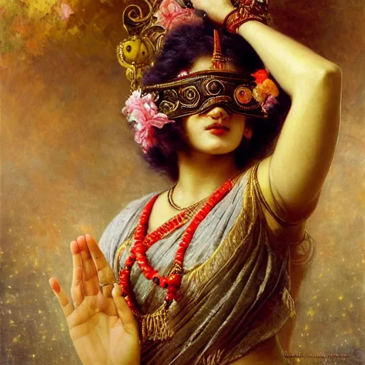 Image similar to detailed full body of hindu traditional girl blindfolded high - tech vr headset in baroque style, girl graceful,, painting by gaston bussiere, craig mullins, j. c. leyendecker, lights, art by ernst haeckel, john william godward, hammershøi,,