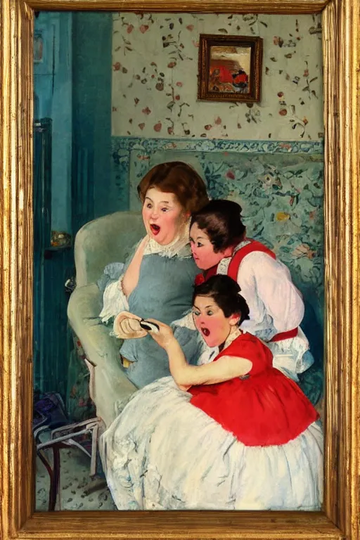 Prompt: vintage beautiful painting of a woman playing Gameboy while being yelled at by another woman in Mary Cassatt style