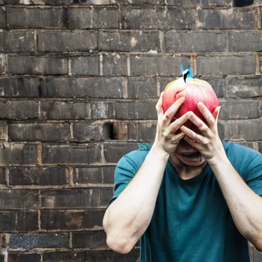 Image similar to a photo taken in an alleyway of a man crying while holding an apple