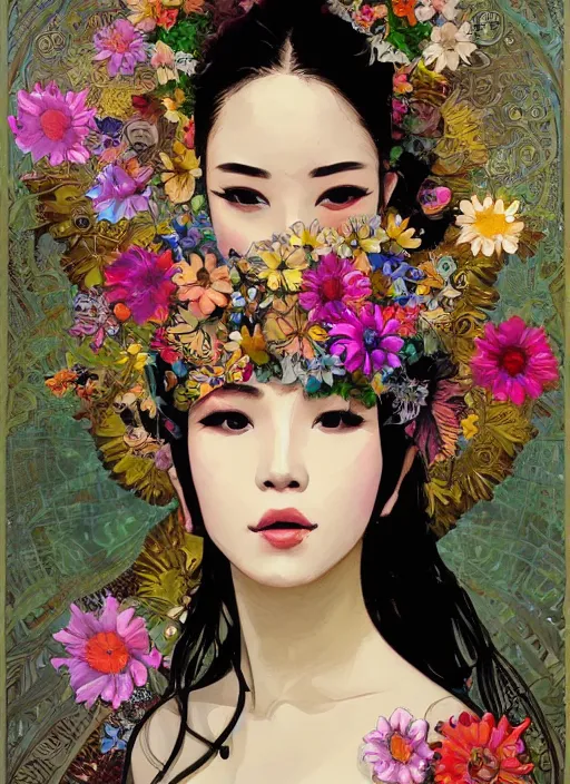 Image similar to !!! very coherent!!! oil painting, beautiful floralpunk balinese cyborg portrait girl female illustration detailed patterns art of bali traditional dress, flower pop art, floral splash painting, art by ashley wood, alphonse mucha, makoto shinkai, geof darrow, dark shadow