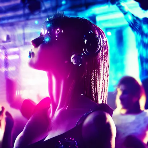 Image similar to closeup of a Cyberpunk woman dancing in a crowd of people in a nightclub, poorly lit, moody, atmospheric, unfocused, digital art, Octane