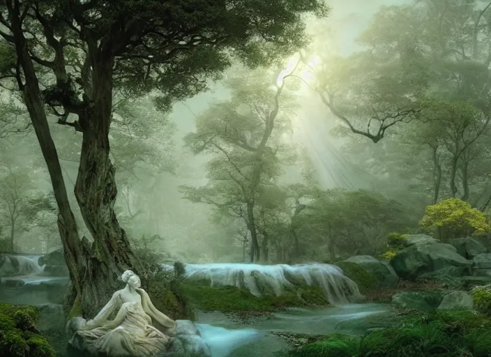 Image similar to a portrait of idealistic marble statue with fractal flowery hair and white fair porcelain face and green eyes, in a magical forest, matte painting, painted by, mc escher, gordon onslow ford, georgia o'keeffe and ivan aivazovsky, cinematic light, god rays, colourful, unreal engine, zbrush central,