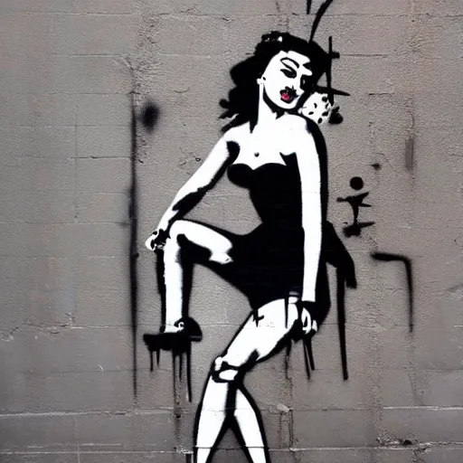 Prompt: rough rugged simple yet detailed graffiti of a pinup girl on a black wall designed by banksy
