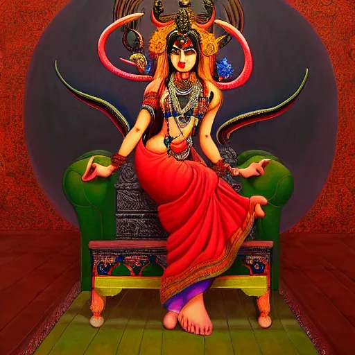 Image similar to a beautiful painting of a demon sitting on top of a chair, a high detailed painting by ram chandra shukla, by ali akbar sadeghi, pixiv contest winner, bengal school of art, symmetrical, coherent, maximalist, trending on artstation