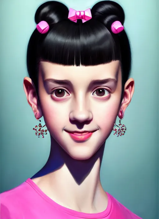 Image similar to portrait of high school girl, realistic, black hair, bangs, half updo hairstyle, pointy nose, skinny, smile, ugly, defined jawline, big chin, pink hair bow, earrings, intricate, elegant, glowing lights, highly detailed, digital painting, artstation, sharp focus, illustration, art by wlop, mars ravelo and greg rutkowski