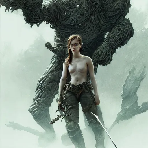 Image similar to portait of a heavily armoured emma watson swinging her long sword forest monster, front game card, drark, marvel comics, dark, intricate, highly detailed, smooth, artstation, digital illustration by ruan jia and mandy jurgens and artgerm and wayne barlowe and greg rutkowski and zdislav beksinski