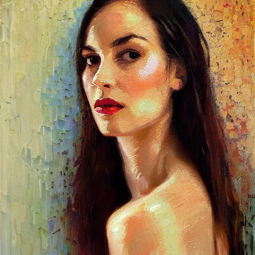 Prompt: portrait in femininity, thoughtful face, warm glow, cozy room bathed in light, captured memory, recollection, impressionism, woven textiles, stucco wall, radiosity, terrazzo, pj crook, michael garmash, livia prima, nick alm, casey baugh, deep color, oil on canvas