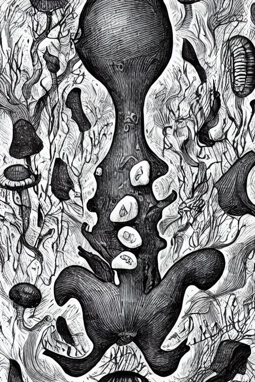 Prompt: black and white illustration, creative design, body horror, mushroom monster