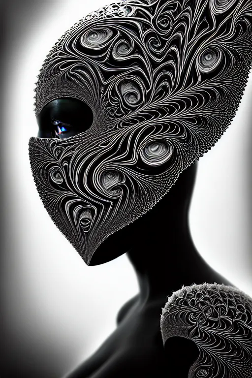 Prompt: portrait of a young beautiful woman with a mask. contemporary photograph and speed painting and fractal and mandelbulb and lines and scribble art. black and white, black on black. intricate, elegant, super highly detailed, professional digital painting, concept art, smooth, sharp focus, no blur, no dof, extreme illustration, Unreal Engine 5, Photorealism, HD quality, 8k resolution, 3D, beautiful, cinematic, art